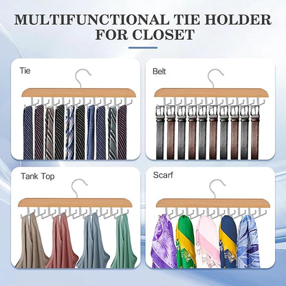 Tie Rack Hanger for Closet 20 Foldable Hooks, 1 Pack Wooden Non Slip Large Capacity Space Saving Tie and Belt Organizer with 360° Rotating Hooks for Tank Tops Bras Scarves Hat