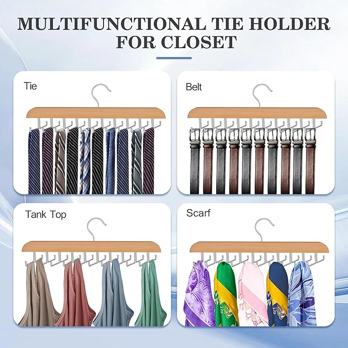 Tie Rack Hanger for Closet 20 Foldable Hooks, 2 Pack Wooden Non Slip Large Capacity Space Saving Tie and Belt Organizer with 360° Rotating Hooks for Tank Tops Bras Scarves Hat