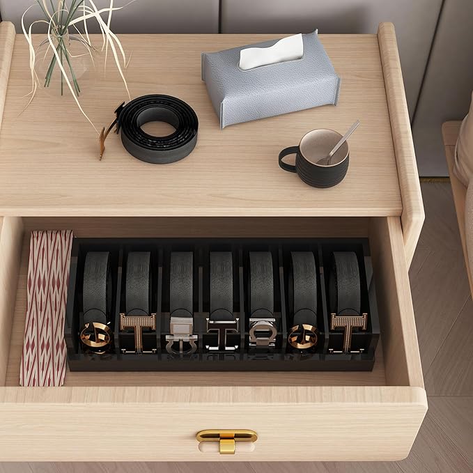Belt Organizer for Drawer - Bamboo Belt Storage Organizer | Belt Rack for Closet Wall Mount Men Women Tie Sock Bra Scarf Ribbon (Black, 2 * 7Grids)