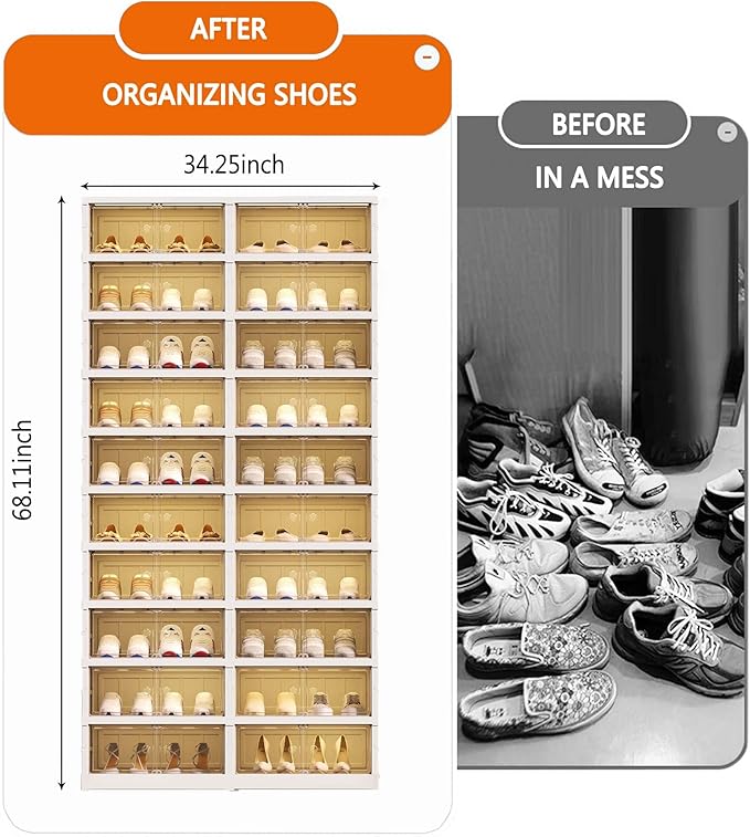 10-Tiers Shoe Rack Organizer with Doors, Foldable Storage Cabinet Holds 40 Pairs, Stackable Plastic Shelf for Closet, Entryway, Living Room, Collapsible Easy Assembly Large