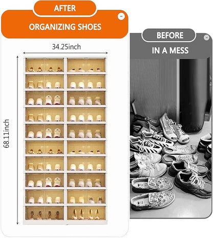 10-Tiers Shoe Rack Organizer with Doors, Foldable Storage Cabinet Holds 40 Pairs, Stackable Plastic Shelf for Closet, Entryway, Living Room, Collapsible Easy Assembly Large