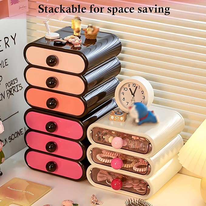 3-Tier Drawer Makeup Organizer for Vanity Small Desk - Non-Stackable Clear Front Cosmetic Storage Holder for Bathroom Counter & Office Desktop -7.9x7.5x7.3in (Cream White)