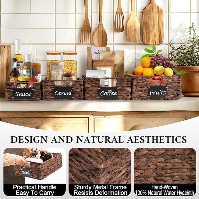 Set of 4 Sizes Hand-Woven Pantry Shelf Baskets, Hyacinth Storage Baskets with Chalkboard Labels & 2 Chalk Markers, Wicker Nestable Basket Set for Organizing Pantry Kitchen Laundry Shelves (Brown)