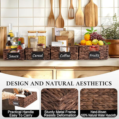 Set of 4 Sizes Hand-Woven Pantry Shelf Baskets, Hyacinth Storage Baskets with Chalkboard Labels & 2 Chalk Markers, Wicker Nestable Basket Set for Organizing Pantry Kitchen Laundry Shelves (Brown)