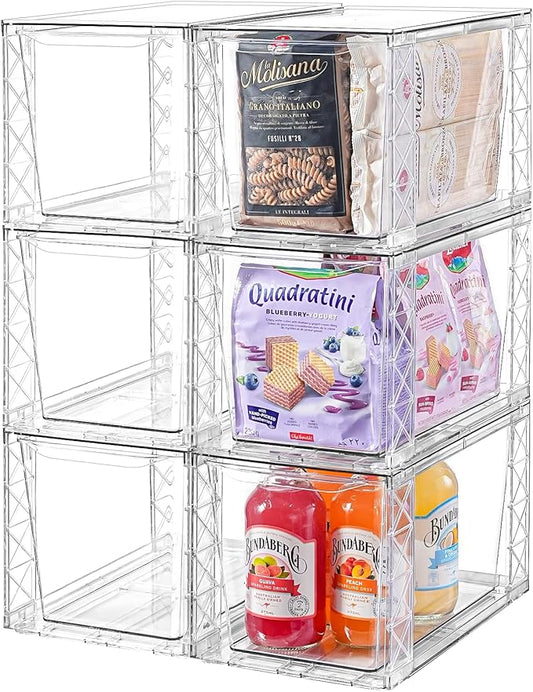 6Pack Stackable Kitchen Storage Organizer, Pantry Organizers and Storage, Clear Foods Organizer Bins with Handles, Easily Assemble for Bathroom, Kitchen, Pantry, Cabinet, Closet