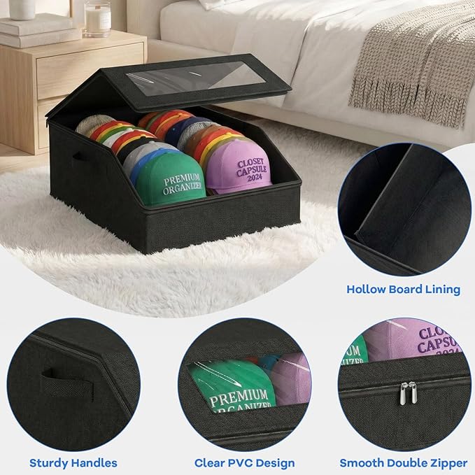 2 Pack Hat Storage for Baseball Caps, Holds up to 48 Caps, Stackable Hat Organizer for Closet, Dustproof Hat Box with Clear Window, Hollow Board Support & 2 Handles, Flip-Top Access (Black)