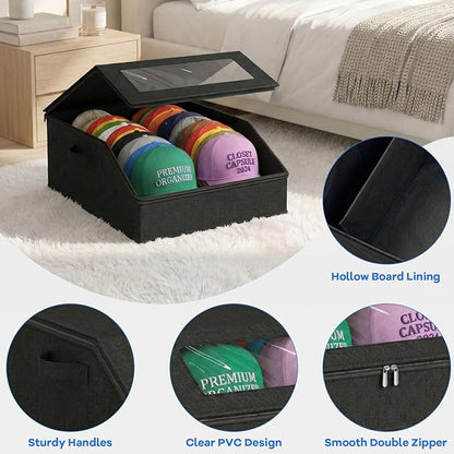 Hat Storage for Baseball Caps, Holds up to 24 Caps, Stackable Hat Organizer for Closet, Dustproof Hat Box with Clear Window, Hollow Board Support & 2 Handles, Flip-Top Access (Black)
