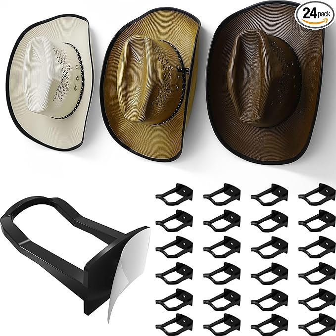 Modern JP Adhesive Cowboy Hat Hooks for Wall (24-Pack) – 3-Inch Wall Mount for Secure Hold, Wide Brim Hat Organizer, Western Room Decor – Black