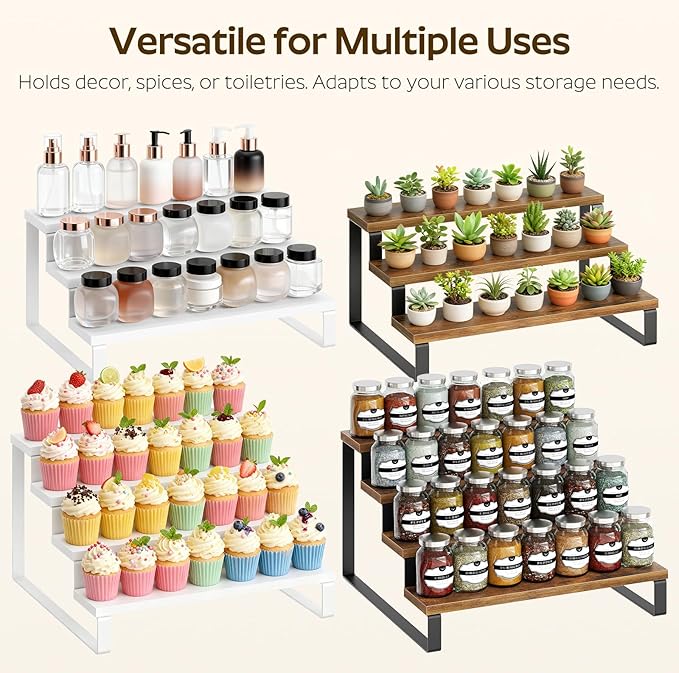 YATINEY Spice Rack, 3 Tier Wooden Display Riser Stand, Kitchen Storage Organizer for Spices, Versatile Display Shelf, Space Saving, for Kitchen Countertop and Cabinet, Rustic Brown SR03L2BR