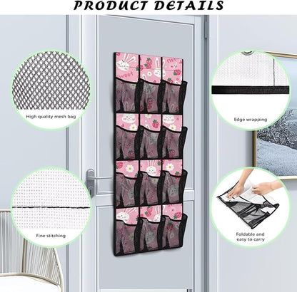 Pink Over The Door Shoe Organizer 12 Pockets Wall Hanging Storage for Living Room Rabbit Door Hanger Organizer Mesh Fabric Flower Shoe Holder Hanger for Kindergarten