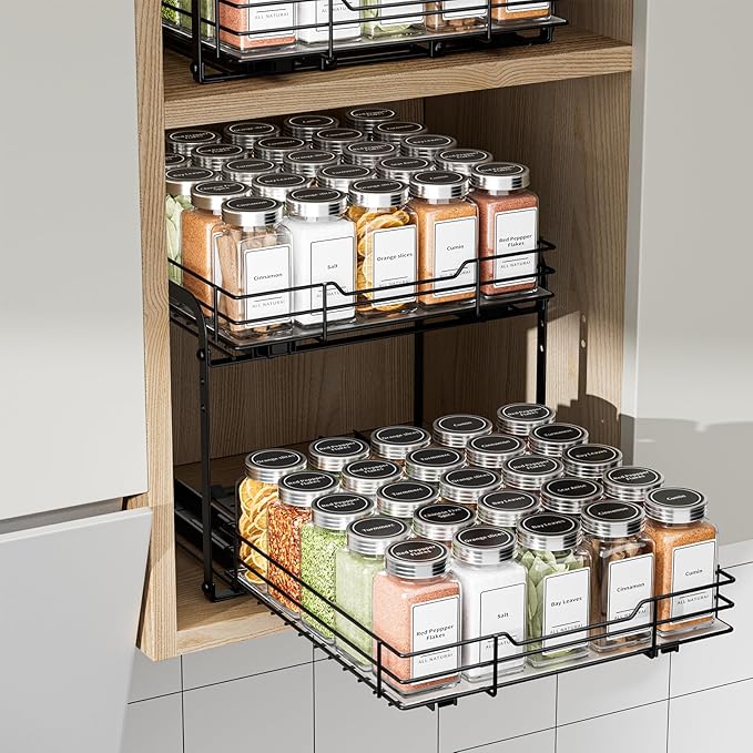 BOIVSHI 2-Tier Spice Rack Organizer, Pull Out Spice Rack for Cabinet, Height Adjustable Heavy Duty Metal Basket for Inside Cabinet & Pantry (11.5''Wx10.5''Dx9.5''H)