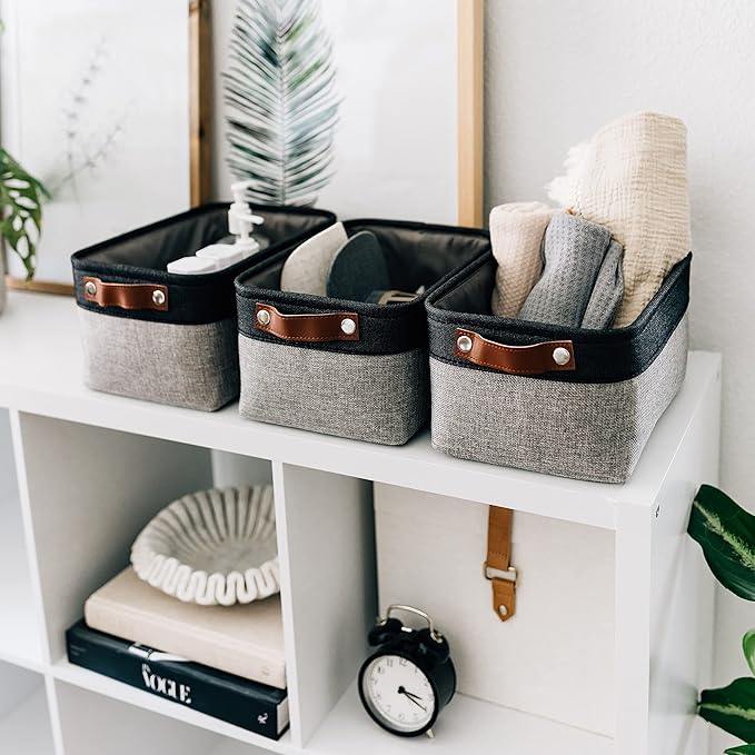 OrganiHaus 12x8in Canvas Storage Baskets 6 Pack | SMALL Fabric Bins for Shelves | Pantry & Bathroom Organizer | Gray/Black