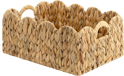 StorageWorks Scalloped Water Hyacinth Baskets, Hand-woven Rattan Baskets with Built-in Handles, Cute Baby Basket for Nursery, Basket for Organizing and Decor, 15"L x 11"W x 6¾"H