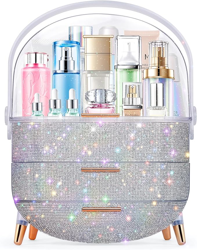 Ptesly Teen Girls Gift Makeup Organizer, Skincare & Jewelry Storage, Cosmetics Display Case, Makeup Holder, Bathroom Organizer (Bling Rhinestone)