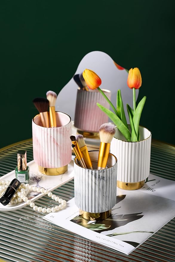IEEK Makeup Brush Holder Organizer Pen Pencil Cup Glass Make Up Brushes and Toothbrush Organizer for Bathroom Vanity Desktop European Style Striped Brushes Container,Grey and Gold