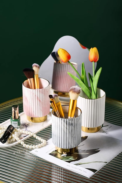 IEEK Makeup Brush Holder Organizer Pen Pencil Cup Glass Make Up Brushes and Toothbrush Organizer for Bathroom Vanity Desktop European Style Striped Brushes Container,Grey and Gold