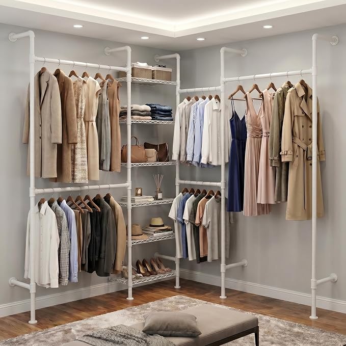 F4 Wall Mounted Closet System, Industrial Pipe Clothing Rack for Hanging Clothes, Heavy Duty Closet Organizer System, Clothes Racks with Shelves & Expandable Rod for Wardrobe, Corner, White