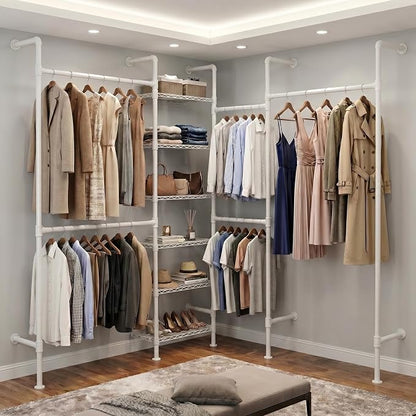 F4 Wall Mounted Closet System, Industrial Pipe Clothing Rack for Hanging Clothes, Heavy Duty Closet Organizer System, Clothes Racks with Shelves & Expandable Rod for Wardrobe, Corner, White