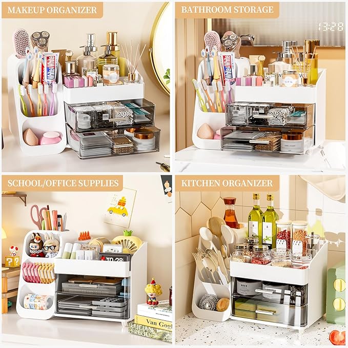 Makeup Organizer with Drawers for Vanity Bathroom Counter Organizers and Storage, Large Skincare Organizer with Brush Toothbrush Holder for Perfume, Nail Polish, Dresser, Office Supplies, White