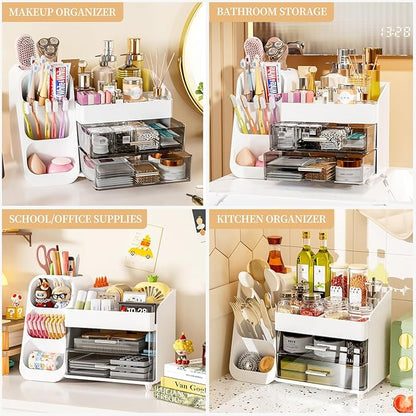 Makeup Organizer with Drawers for Vanity Bathroom Counter Organizers and Storage, Large Skincare Organizer with Brush Toothbrush Holder for Perfume, Nail Polish, Dresser, Office Supplies, White