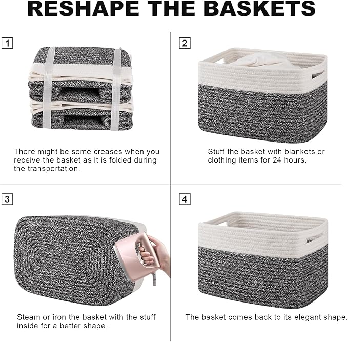 4 Pack Storage Baskets for Organizing, Woven Baskets for Shelves - Perfect for Toys, Books, Towels, and Clothes, Durable Gift Basket Bins Toy Storage, 12.7''Lx9''Wx7.8''H, Black & White
