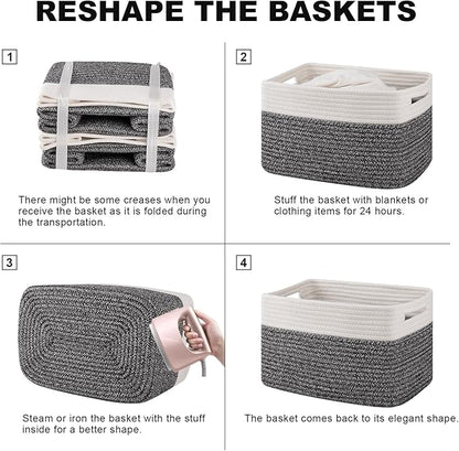 4 Pack Storage Baskets for Organizing, Woven Baskets for Shelves - Perfect for Toys, Books, Towels, and Clothes, Durable Gift Basket Bins Toy Storage, 12.7''Lx9''Wx7.8''H, Black & White