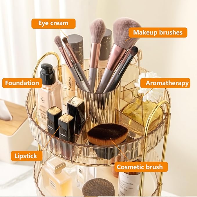 YCIA&DONE Rotating Makeup Organizer for Vanity, Large Capacity Make Up Storage Skin care Shelf Perfume Holders Cosmetic Dresser Organizer Countertop Spinning 360 (Amber Gold, 2Tiers)