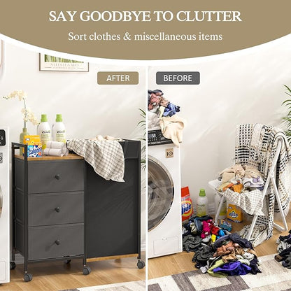 Laundry Hamper with Wheels, Laundry Sorter with Shelf and 3 Drawers, Total Capacity 123L/32.5 Gal (3 Drawers+Bags), Laundry Cabinet with Fabric Detachable Bags, Clothes Hampers for Bedroom Bathroom