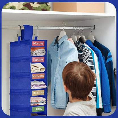 2 Pack 7 Shelf Weekly Clothes Organizer Hanging Closet for Kids with Side Pockets Weekday Shoes Rack Weekly Clothes Organizers Monday Through Weekend Foldable Storage Shelves (Dark Blue)