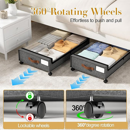 Yecaye Under Bed Storage with Wheels, 2 Pack Under the Bed Storage Containers with Lids & Label, XXL 60 L Rolling Underbed Storage Drawers for Clothes, Blankets, Shoes, Hemp Gray