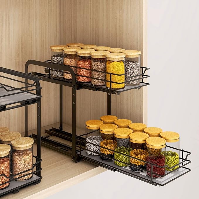 BOIVSHI Spice Rack Organizer for Cabinet, 2 Tier Pull Out Spice Organizer for Cabinet Height Adjustable Heavy Duty Metal Basket for Inside Cabinets & Pantry Closet (5.5''Wx10.5''Dx9.5''H)