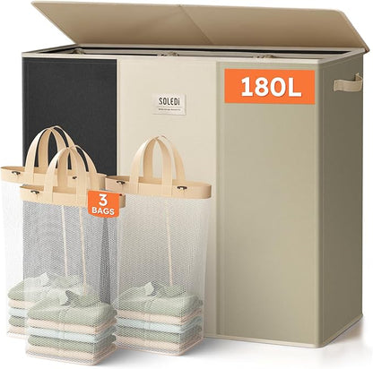 SOLEDI 180L 3-Section Laundry Hamper with Lid, Extra Large Dirty Clothes Basket with Sturdy Handles for Laundry Room & Bedroom - Durable Organizer for Sorting Laundry