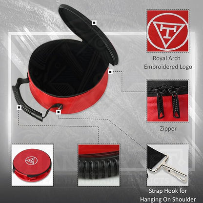 Masonic Royal Arch Chapter Crown Cap Case – Foldable 9”x9” Red Faux Leather Hat Box with Embroidered Triple Tau Emblem & Adjustable Shoulder Strap – Lightweight & Travel-Friendly
