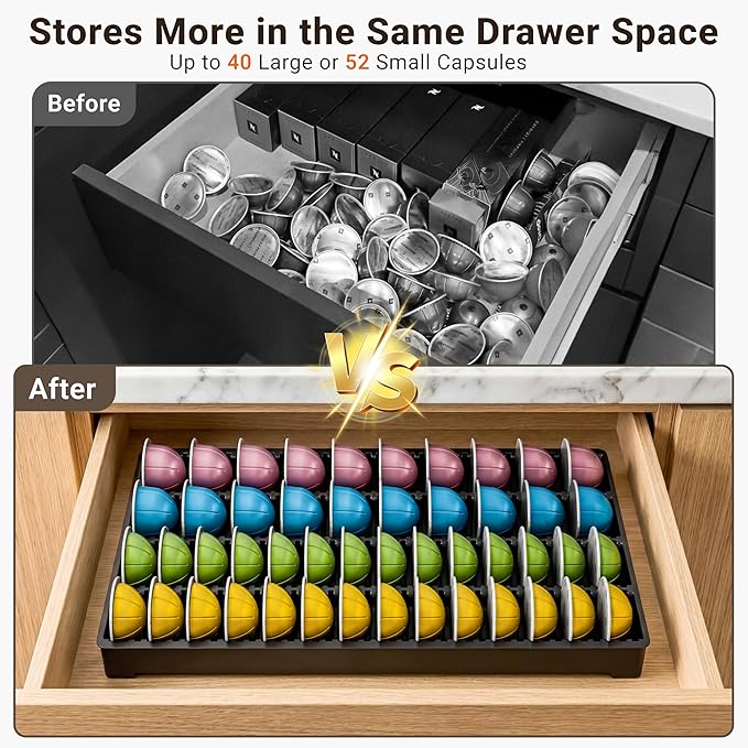 EVERIE Drawer Coffee Pod Organizer for Vertuo Capsules – Holds Up to 40 Large or 52 Small Pods, Space-Saving Insert Tray, Fits Kitchen Cabinets, 15.4" x 10.2" x 1.2", Pack of 2