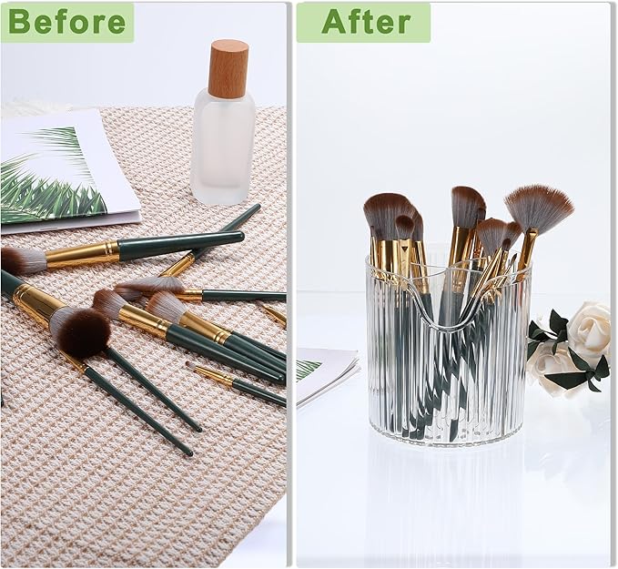 VOCOSTE Makeup Brush Cup, Makeup Organizer, 4 Slot Makeup Brush Holder, Cosmetics Storage Cup, for Vanity for Desktop, for Bathroom Countertops, Clear White