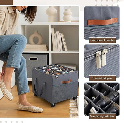 AceOrbit Large Rolling Shoe Organizer 360 Degree Wheeled Fits up to 16 Pairs, Storage Box with Brake and Clear Dust Cover, Adjustable Dividers, Protects Shoes from Dust and Moisture
