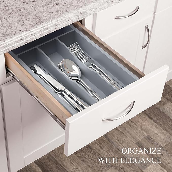 Silverware Organizer, Bamboo Kitchen Drawer Organizer, Utensil Holder, Cutlery Tray & Spoon Flatware Storage with Grooved Drawer Dividers (Grey, 6.7''W x 12''D)