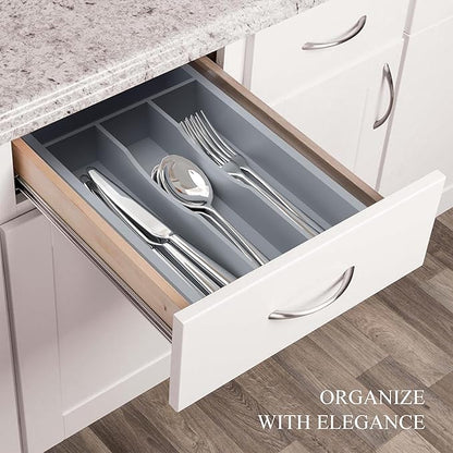 Silverware Organizer, Bamboo Kitchen Drawer Organizer, Utensil Holder, Cutlery Tray & Spoon Flatware Storage with Grooved Drawer Dividers (Grey, 6.7''W x 12''D)