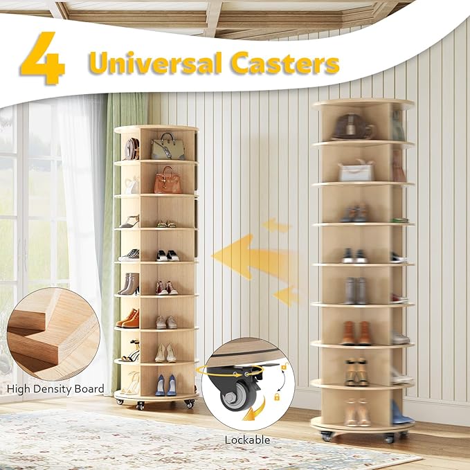 8 Tier Rotating Shoe Rack, Shoe Tower Organizer with 4 Universal Casters, Spinning Lazy Susan Display Storage Rack Round Carousel Vertical Handbag Closet (Natural, 23.6’’×23.6’’×74’’)
