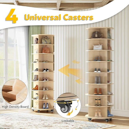 8 Tier Rotating Shoe Rack, Shoe Tower Organizer with 4 Universal Casters, Spinning Lazy Susan Display Storage Rack Round Carousel Vertical Handbag Closet (Natural, 23.6’’×23.6’’×74’’)