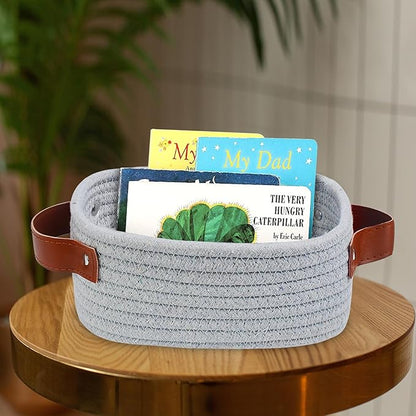 ABenkle Small Storage Basket, Mini Rope Woven Baskets, Cute Shelf Closet Storage Organizer, Boho Decorative Toy Bin for Nursery, Living Room, Spa, Empty Gift Basket - XS,Grey