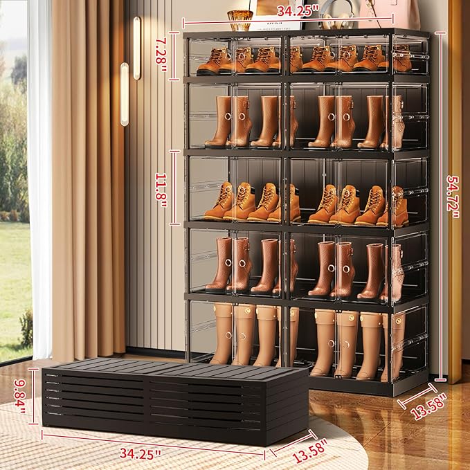 CIMLORD 5-Tier Foldable Shoe Rack for Closet Entryway 10-20Pairs,Stackable Clear Shoe Storage Boxes Organizer with Door Plastic Shoe Cabinet Bins with Lids Shoes Shelf Easy Assembly Large Black