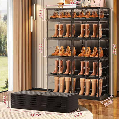 CIMLORD 5-Tier Foldable Shoe Rack for Closet Entryway 10-20Pairs,Stackable Clear Shoe Storage Boxes Organizer with Door Plastic Shoe Cabinet Bins with Lids Shoes Shelf Easy Assembly Large Black