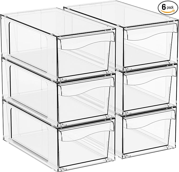 Yieach 6 Pack Clear Stackable Storage Drawers,4.5" Tall Acrylic Makeup Organizer Drawers and Medicine Cabinet Organizers,Pull Out Plastic Bathroom Closet Organizer for Hair Clip,Baby Bottle,Pacifier