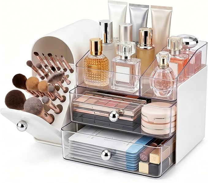 Makeup Organizer with Brush Holder for Vanity, Large Cosmetic Display Cases with 2 Drawers, Skincare Organizer for Bathroom Countertop, White