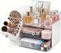 Makeup Organizer with Brush Holder for Vanity, Large Cosmetic Display Cases with 2 Drawers, Skincare Organizer for Bathroom Countertop, White