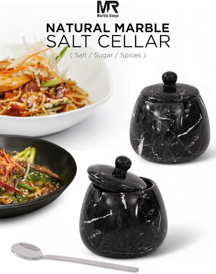 Black Marble Salt Cellar – 4.5 Inch Salt Container, Salt Jar, Salt Dish, Salt Holder, Spice Jar, Sugar Bowl, Celtic Salt, Table Salt Storage for Kitchen Countertop