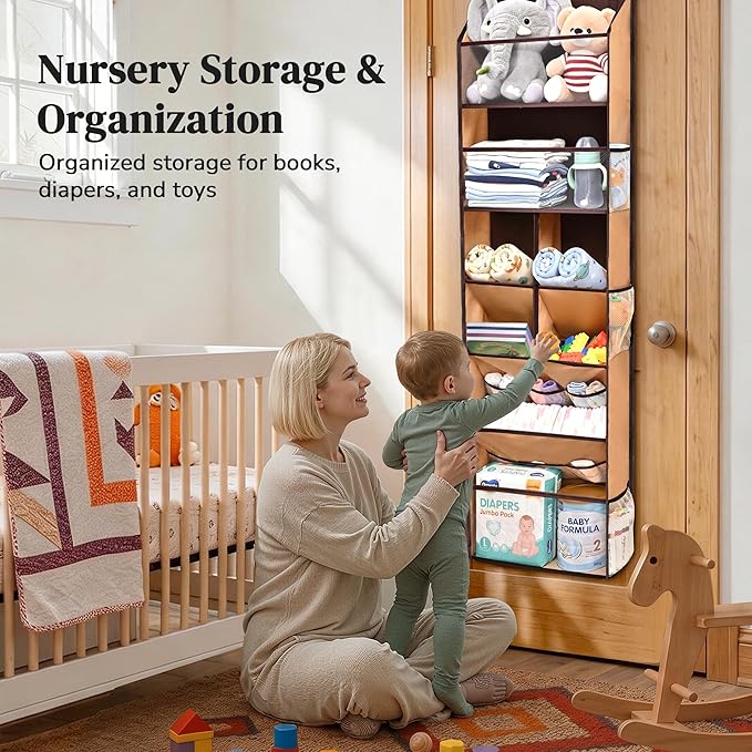 6-in-1 Over Door Hanging Organizer, Versatile Storage Over Door Organizer with 12 Mesh Pockets, 44 lbs Weight Capacity Hanging Storage Organizer for Bedroom, Bathroom,Behind Door,Brown