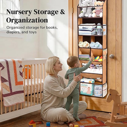 6-in-1 Over Door Hanging Organizer, Versatile Storage Over Door Organizer with 12 Mesh Pockets, 44 lbs Weight Capacity Hanging Storage Organizer for Bedroom, Bathroom,Behind Door,Brown