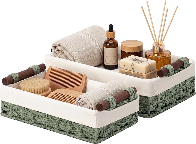 StorageWorks Small Baskets for Organizing with Handles and Liner, Wicker Toilet Paper Basket for Back of Toilet, Green Paper Rope Bathroom Basket Organizer and Storage for Sage Green Decor, 2 Pack